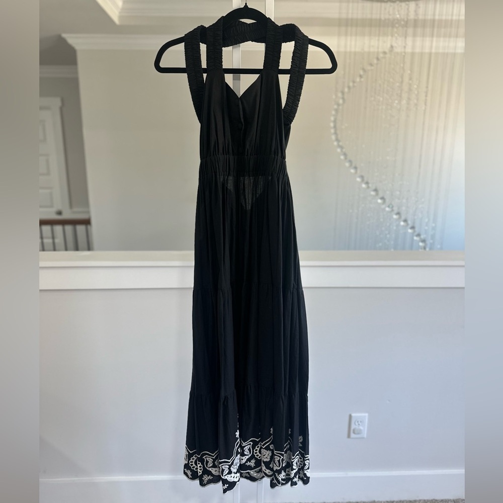Zara black poplin embroidered midi dress with elastic cross back straps - Picture 10 of 11